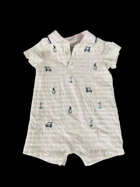 Little Me Green & White Striped Golf Embroidered Polo One-Piece